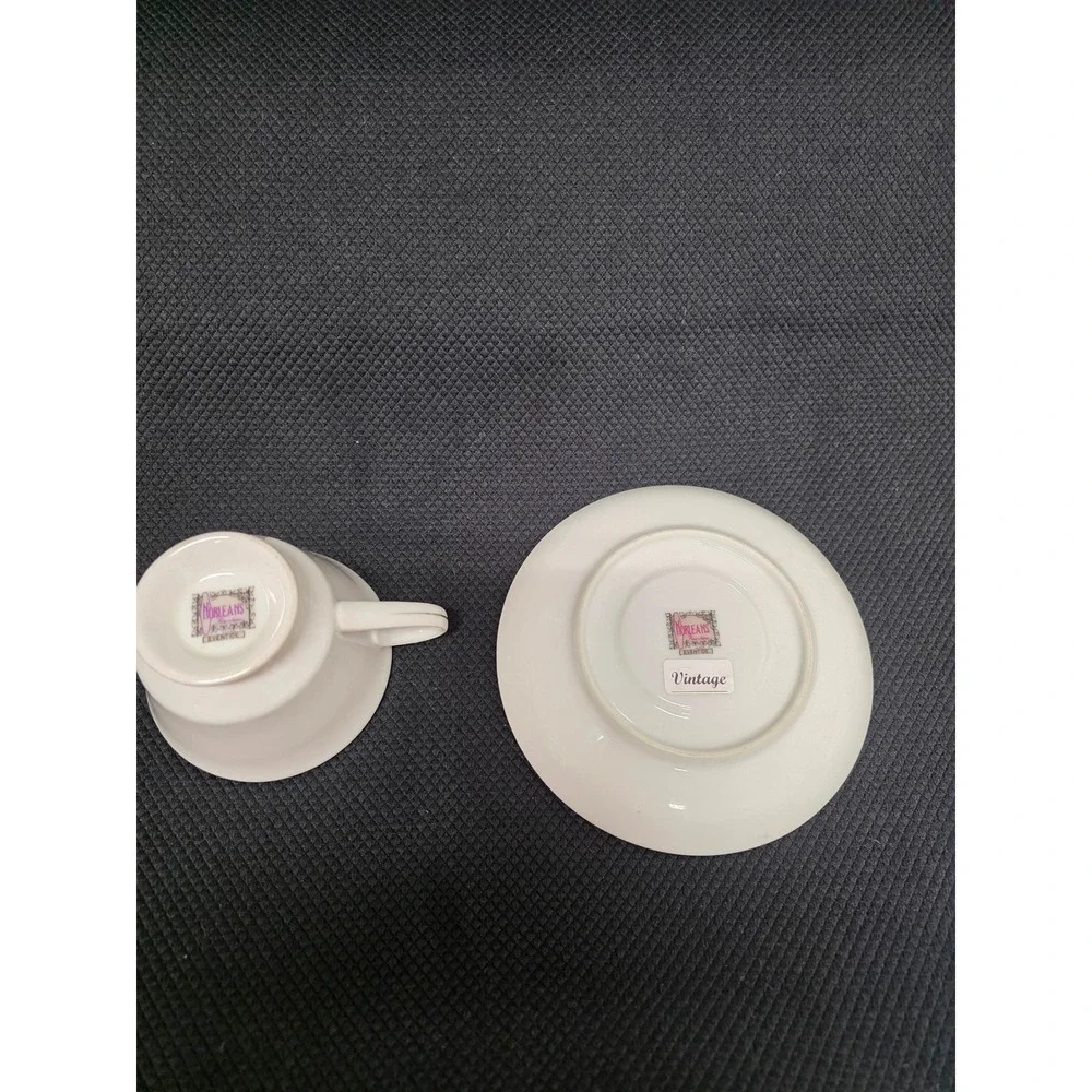 Vintage Norleans Japan Eventide Teacup and Saucer Set Pink Rose Silver Trim